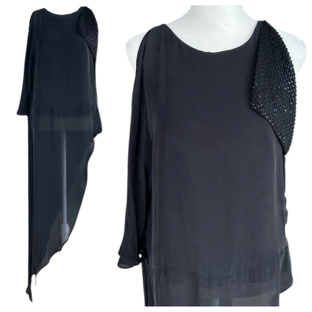 Halston Heritage Black Beaded Silk Chiffon Tank Long Flowy Asymmetric Hem Size 8
